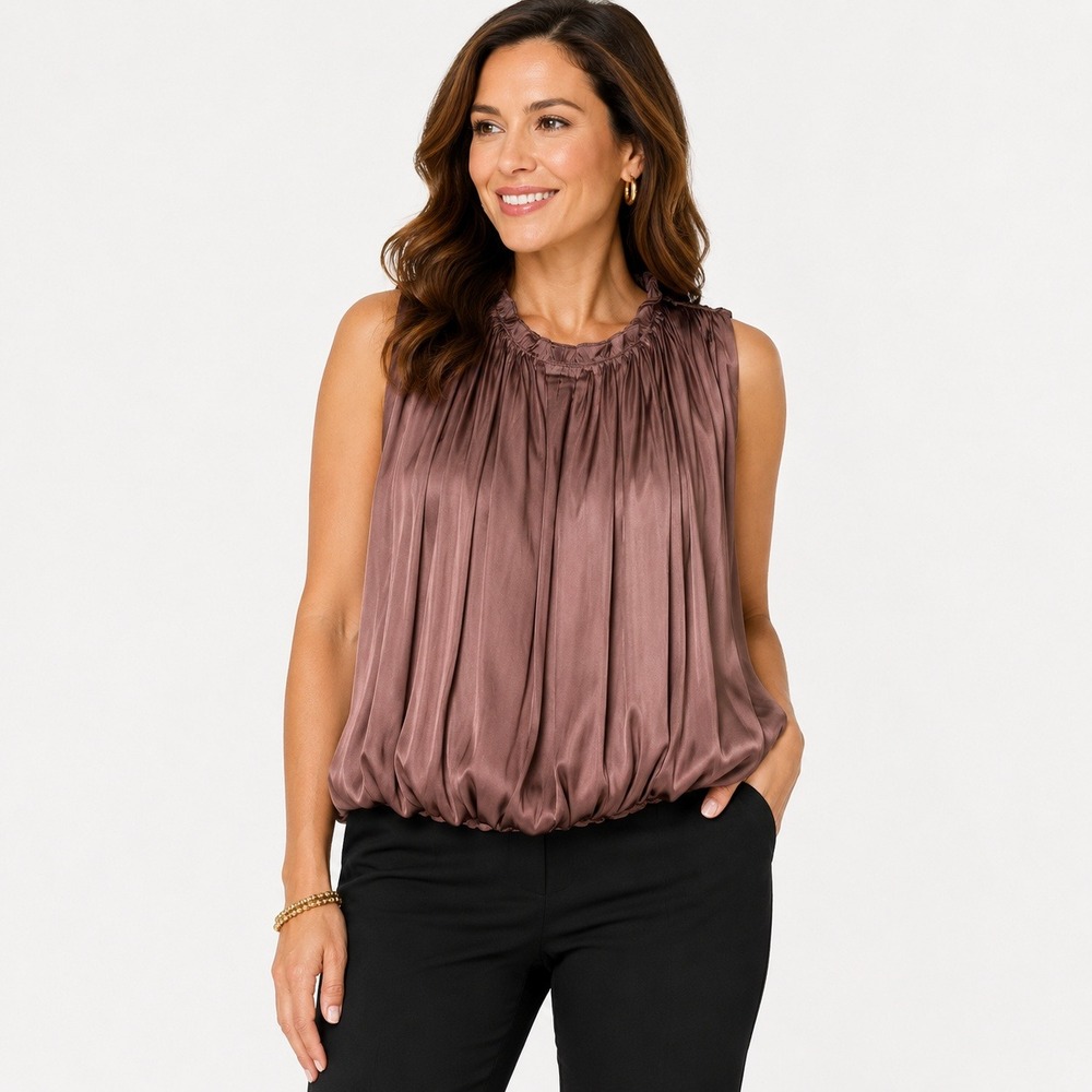 Easel Pleated Satin Bubble Hem Blouse Mauve Mock‎ Neck Sleeveless Top L